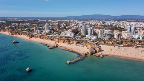 Aerial view of the wide and crowded Portuguese famous Rocha beach in Portimao, Algarve, Portugal. Drone shot stock photo