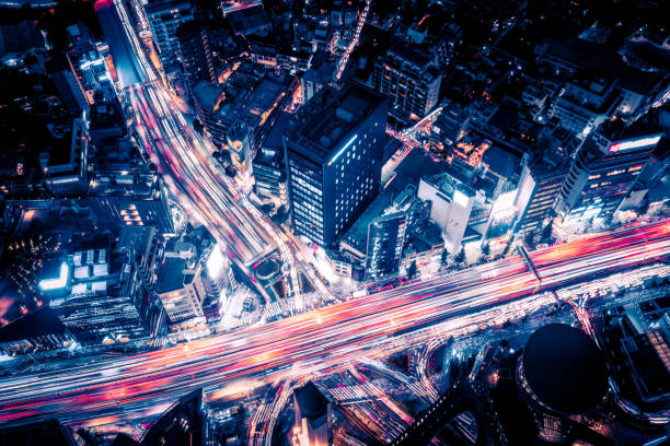Aerial view of Tokyo Highway at Night stock photo