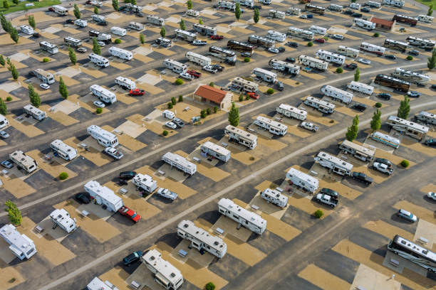 Aerial view of trailer RV vacation in a travel recreational vehicle camping stock photo
