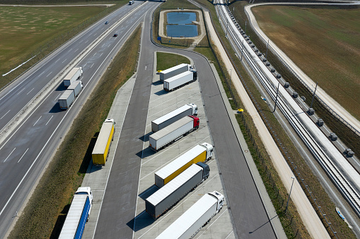 Aerial View of Trucks at Highway Truck Stop