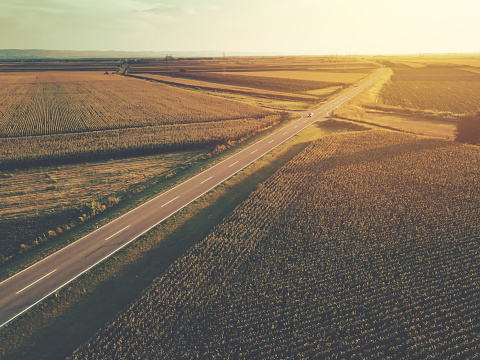 Aerial view of two-lane freeway road through countryside and cultivated field of corn in summer sunset, retro toned