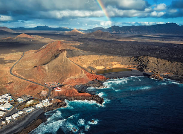 Aerial view of Volcanic Lake El Golfo, Lanzarote, Canary Islands, Spain Flight over Volcanic Lake El Golfo, Lanzarote island atlantic islands stock pictures, royalty-free photos & images