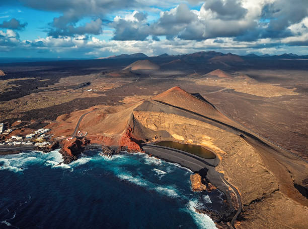 Aerial view of Volcanic Lake El Golfo, Lanzarote, Canary Islands, Spain stock photo