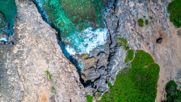 Aerial view of volcanic shoreline in Big Island, Hawaii stock photo