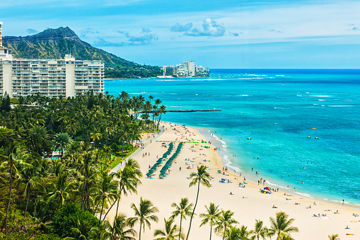 An aerial photo of Waikiki beach.  There are several tall buildings visible both in the foreground and in the background.  There is a swimming pool with clear blue water in the foreground, surrounded by palm trees.  There is a parking lot with several cars in it beside a neat hedge.  On the shore there are palm trees scattered.  There is a beach with white sand and many people on it.  Small structures are visible on the beach, some white and others red.  Some people are swimming in the blue ocean.  In the distance Diamond Head mountain can be seen.