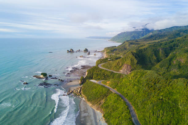 Aerial view of west coast, south island, New Zealand. stock photo