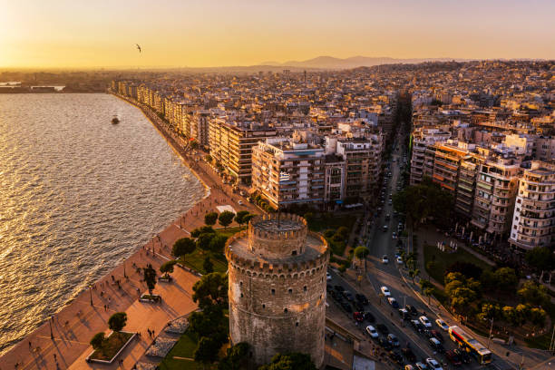 Aerial view  of White tower and Thessaloniki center stock photo