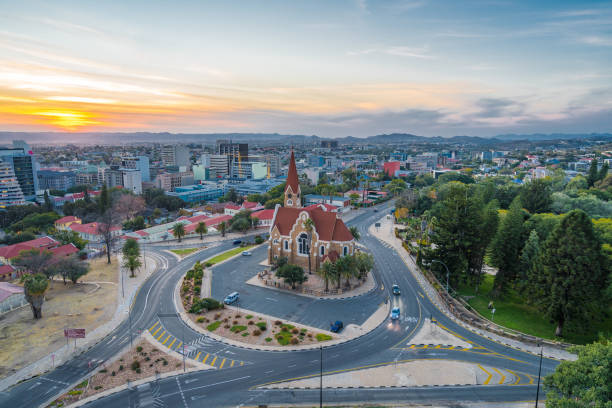 Aerial View of Windhoek Cityscape at Sunset in Namibia, Africa stock photo