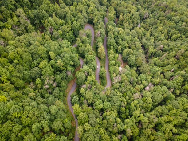 Aerial View of Winding Mountain Road in Appalachian Mountains of North Carolina stock photo