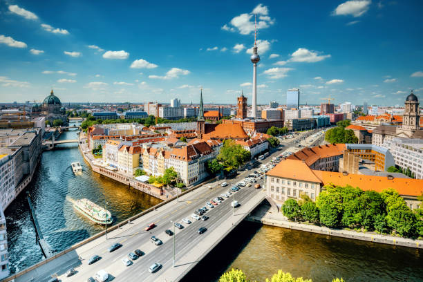 aerial view on Berlin with Tv-Tower and river aerial view on central berlin with Tv-Tower and river in summer central berlin stock pictures, royalty-free photos & images