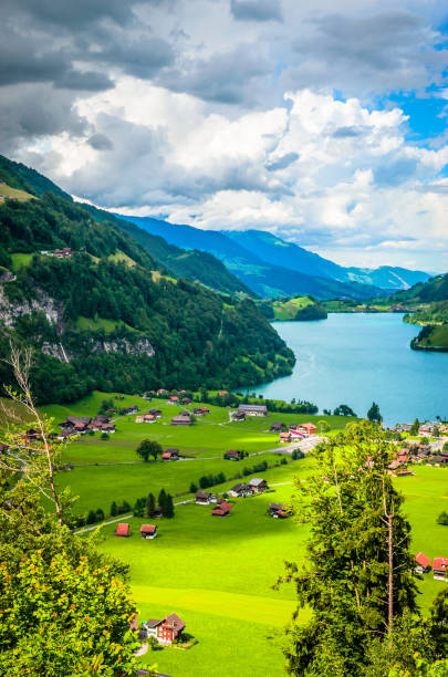 Aerial view on Lungernsee lake near Luzern, Switzerland, Europe Aerial view on Lungernsee lake near Luzern, Switzerland, Europe lungern village switzerland lake stock pictures, royalty-free photos & images