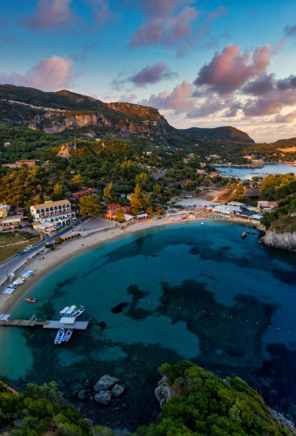 Aerial view on mediterranean beach in Paleokastritsa Corfu stock photo