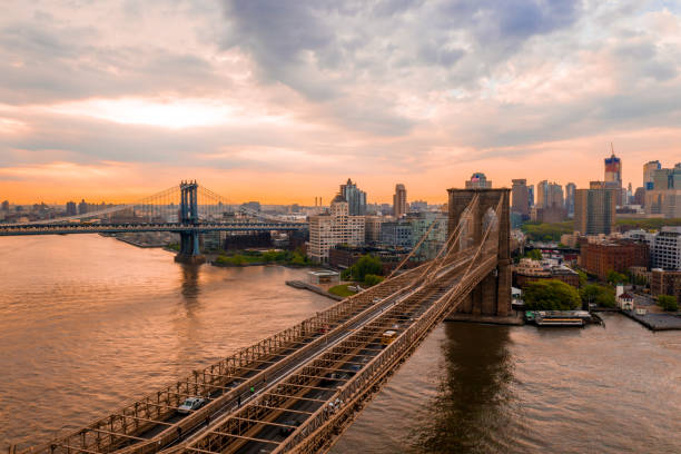 Aerial view on the Manhattan Bridge and New York skyline. New York, United States of America. Aerial view on the Manhattan Bridge and New York skyline. brooklyn new york stock pictures, royalty-free photos & images