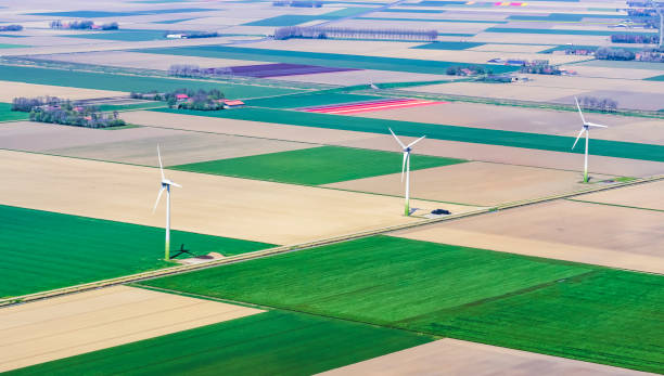 Aerial view on wind turbines in the fields Aerial view of a row of wind turbines in agricultural fields in spring. There are fields of tulip flowers in the background. flevoland stock pictures, royalty-free photos & images