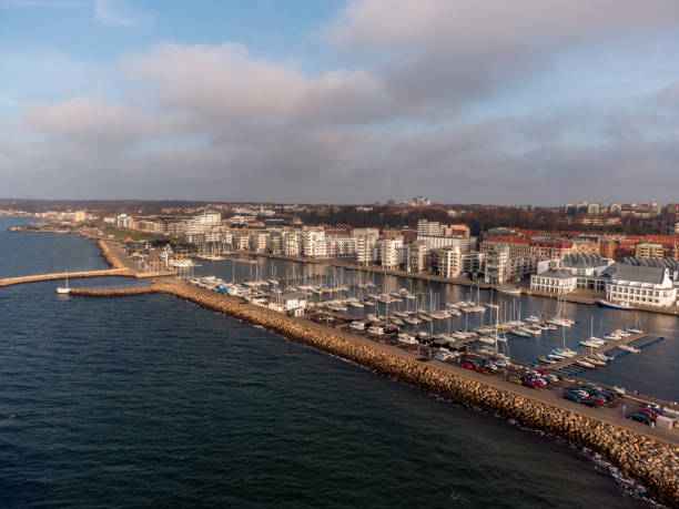 aerial view over north harbour in helsingborg, sweden. - helsingborg bildbanksfoton och bilder