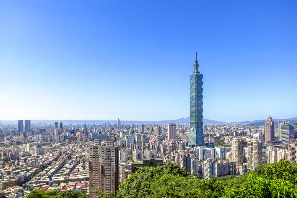 Aerial view over Taipei City with Taipei 101 Skyscraper, capital city of Taiwan stock photo