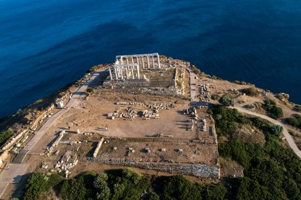 Aerial view over the ancient Temple of Poseidon at Cape Sounio, Attica, Greece stock photo