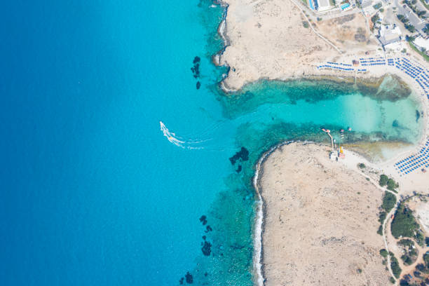 Aerial view over the magnificent Ayia Napa coast, Cyprus. This aerial image was taken way above the spectacular and colourful coast of Ayia Napa. famagusta stock pictures, royalty-free photos & images