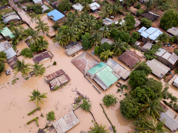 Aerial view overhead flooded houses after a cyclone and rain stock photo