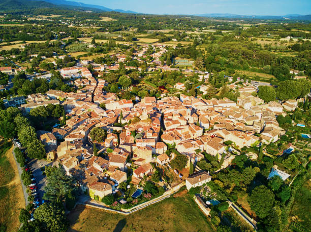 Aerial view to famous village of Lourmarin in Provence, Southern France stock photo