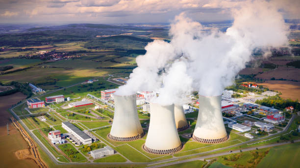 Aerial view to Temelin nuclear power plant.  This power station is important source of electricity for Czech Republic in European Union. stock photo
