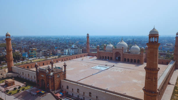 Aerial View to the Badshahi Mughal-era congregational Mosque in Lahore, Pakistan stock photo