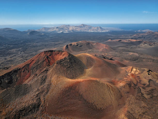 Aerial volcanic landscape, Timanfaya National Park, Lanzarote, Canary Islands, Spain stock photo