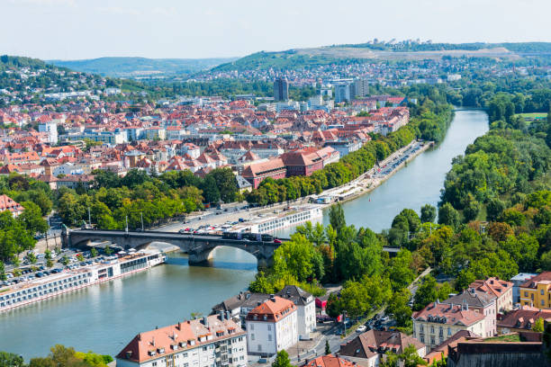 Aerial wiew Alte Mainbrucke and cityscape of Wurzburg with Rawthey River in Germany stock photo