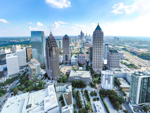 Aerial/Helicopter Panoramic picture of downtown Atlanta Skyline stock photo