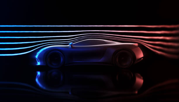 Aerodynamic Wind Tunnel Sports Car Concept Sports car concept made in 3D software. Concept image of prototype and aerodynamic tests. concept car stock pictures, royalty-free photos & images
