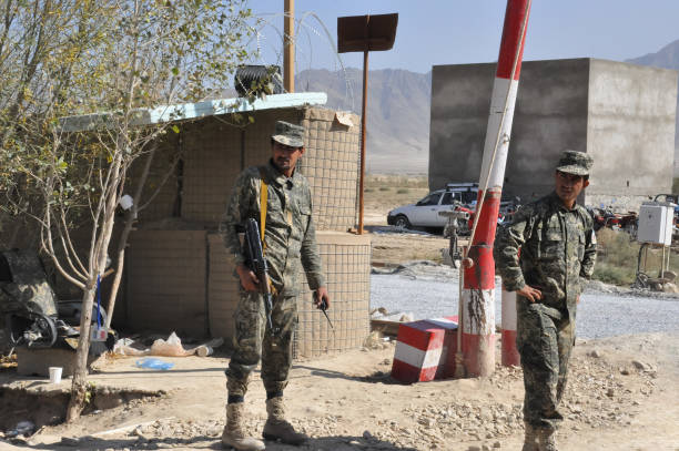 Afghan soldiers at Military Checkpoint in Afghanistan near Bagram stock photo