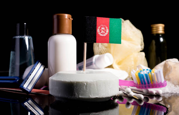 Afghanistan flag in the soap with all the products for the people hygiene Afghanistan flag in the soap with all the products for the people hygiene cosmetics industry in afganistan stock pictures, royalty-free photos & images