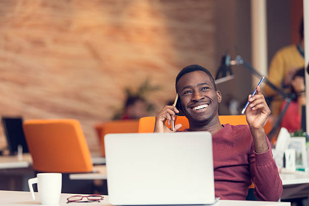 African American businessman on the phone stock photo