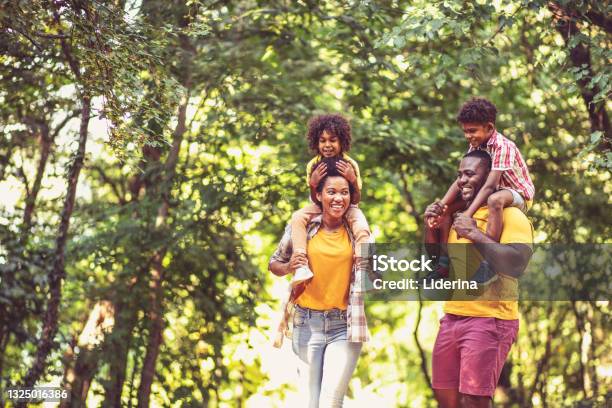 African American family walking trough nature