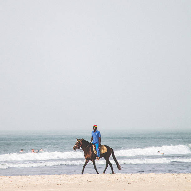 African beach. Bakau, The Gambia - February 27, 2011: Local man rides a horse while tourists swimming at the beach just before sunset. equipacion fútbol stock pictures, royalty-free photos & images