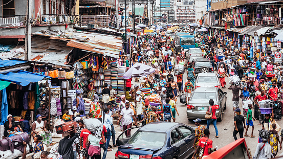 African city market streets (Balogun).
Lagos, Nigeria, West Africa
