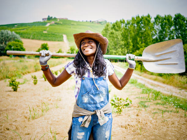 African farmer woman in Italian countryside stock photo