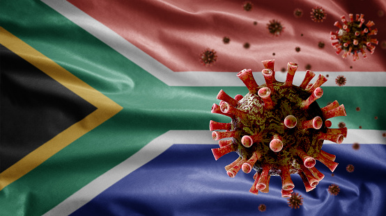 African RSA flag waving with Coronavirus outbreak infecting respiratory system dangerous flu. Influenza type Covid 19 virus with national South Africa banner blowing background. Pandemic risk concept