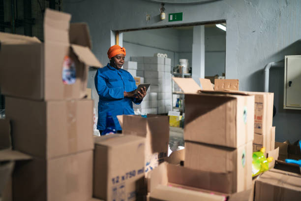 Afro female warehouse worker checking the shipment delivery on a digital tablet in distribution warehouse stock photo
