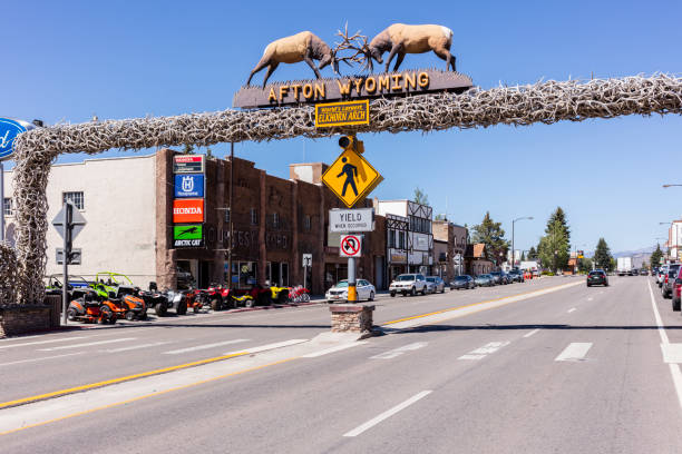 Afton, Wyoming. The world's larges elkhorn arch at the entrance of the town stock photo