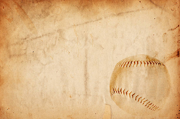 Aged paper with an image of a baseball in the corner stock photo