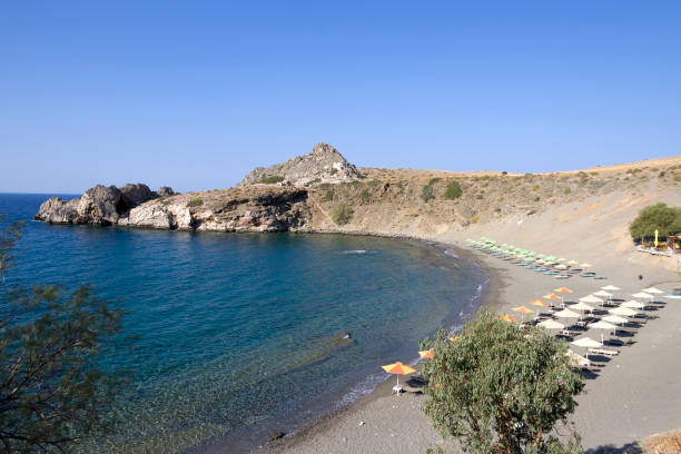 Agios Pavlos bay, panoramic view of the beautiful beach. Rethymno, Crete Greece stock photo