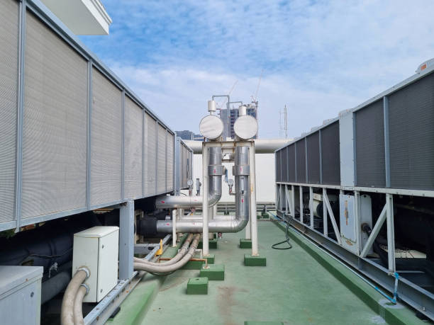 Air chillers the cooling towers in building. stock photo