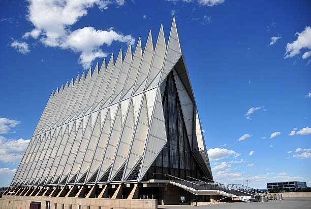 Air Force Academy Chapel, Colorado Springs Colorado Springs, Colorado, USA: United States Air Force Academy Cadet Chapel - the triangular steel structure is a frame of 100 identical tetrahedrons - the building includes Protestant, Catholic, Jewish and Buddhist areas - modernist architecture by Walter Netschof Skidmore, Owings and Merrill - photo by M.Torres air force stock pictures, royalty-free photos & images