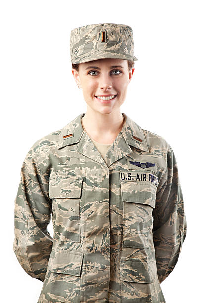 US Air Force Series: American Airwoman Smiling Portrait of a female US Air Force airwoman in airman battle uniform or ABU. us air force stock pictures, royalty-free photos & images