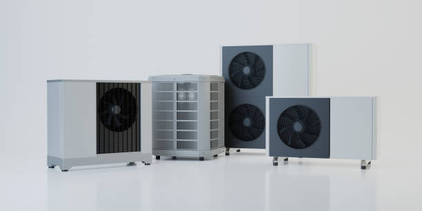 air heat pump collection, 3d illustration - warmtepomp stockfoto's en -beelden