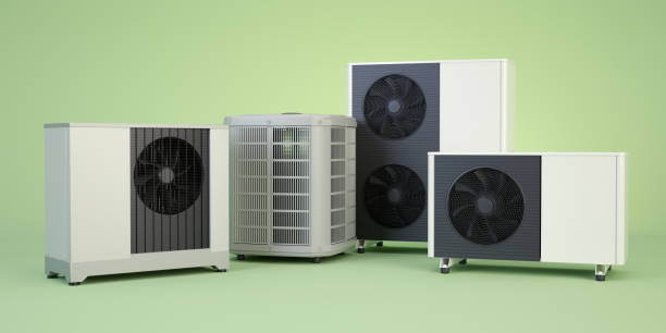 air heat pump collection on grean background, 3d illustration - warmtepomp stockfoto's en -beelden
