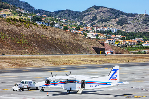 Funchal, Portugal - May 28, 2022: Aircraft in airport of Funchal, Madeira island