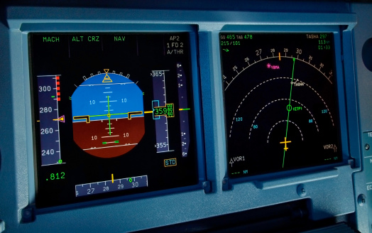 The Primary Flight and Navigational Display Units of an Airbus 330 aeroplane (typical with other modern aircraft). These displays provide pilots with essential information to fly a modern aeroplane.Related files: