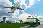 istock Airplane and biofuel tank trailer on the background of airport. New energy sources 1294131545